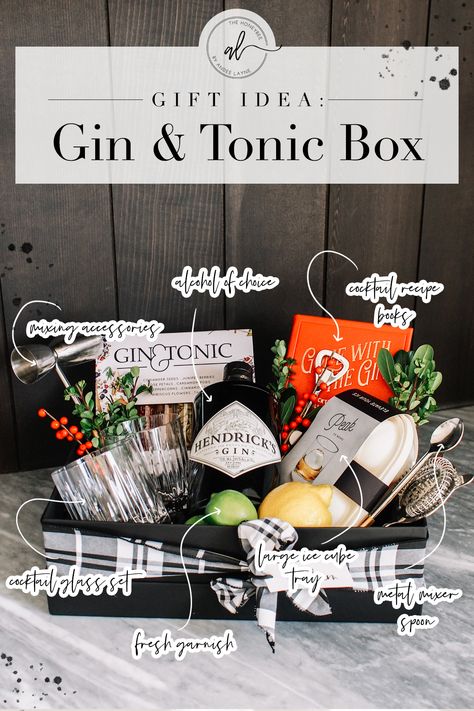 Diy Gin Gift Basket Ideas, Gin Hamper Basket Ideas, Gin Box Ideas, Gin Gift Basket Ideas, Gin And Tonic Gift Basket, Gin Gift Basket, Diy Alcohol Gifts, Cocktail Gift Basket, Gin And Tonic Gifts