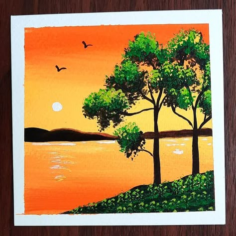 Painting Ideas With Poster Colour, Nature Drawing Colourful, Nature Paintings Acrylic Easy, Acyrilics Paintings, Poster Colour Drawing, Easy Scenery Painting, Easy Nature Paintings, Tree Landscape Painting, Sunset Canvas Painting