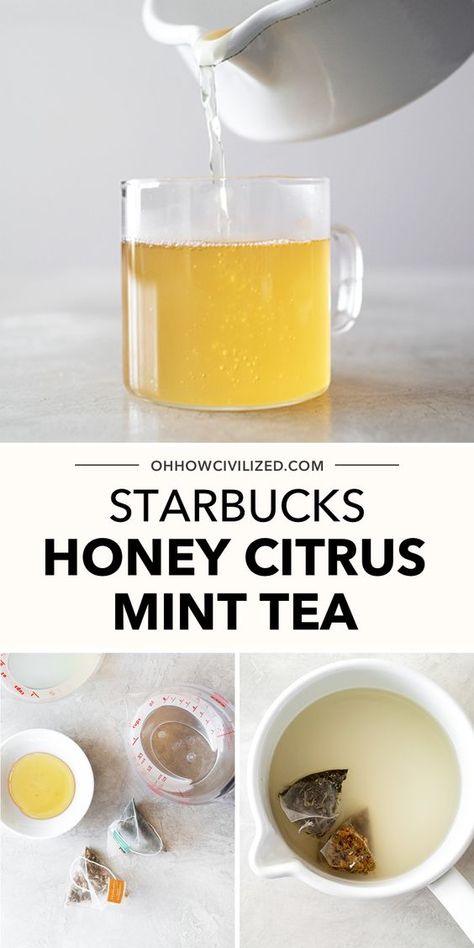 Learn how to make honey citrus mint tea with this easy recipe from Oh, How Civilized. Also known as the cold buster or Starbucks medicine ball, see how easy it is to make this popular Starbucks drink at home. When you're feeling under the weather, give this delicious tea a try! #starbucks #cold #hottea #recipe #recipe #medicineball #mint Citrus Tea Recipe, Starbucks Tea Recipes, Honey Citrus Mint Tea, Starbucks Drink At Home, Honey Tea Recipe, Medicine Ball Tea, Cold Buster, Tea Starbucks, Mint Tea Recipe