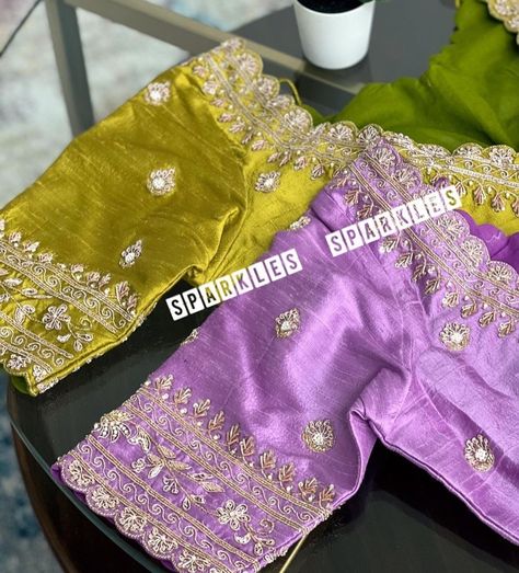 Latest Work Blouse Designs 2023, Lavender Work Blouse, Kardhana Work Blouses, Lavender Colour Blouse Designs, Gold Colour Blouse Designs Maggam Work, Lavender Saree Contrast Blouse, Lavender Blouse Design, Simple Work Blouse Designs Latest, Exclusive Blouse Designs