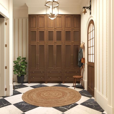 HOMEWARDesign (@homewardesign) • Instagram photos and videos Lockers With Drop Zone, Mudroom Wood Cabinets, Mudroom Locker Interior, Foyer Built Ins Entrance, U Shaped Mudroom Ideas, High End Mudroom, Vintage Mudroom Ideas, Foyer Drop Zone, Townhouse Mudroom