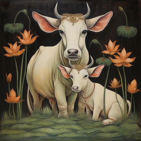 illustration of Indian Traditional Cow and calf Painting with elegan Cow And Calf Painting, Calf Painting, Spirit Animal Tattoo, Cow With Calf, Indian Cow, Cow And Calf, Cow Drawing, Cow Calf, Free Business Card Mockup