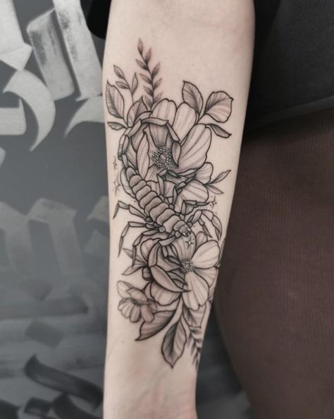 Scorpio Tattoo Sleeve, Scorpio Arm Tattoos For Women, Floral Scorpio Tattoo, Unique Scorpio Tattoo Zodiac, Feminine Scorpio Tattoo, Scorpion Flower Tattoo, Scorpion Tattoo Feminine, Scorpio Constellation Tattoos, Scorpio Zodiac Tattoos