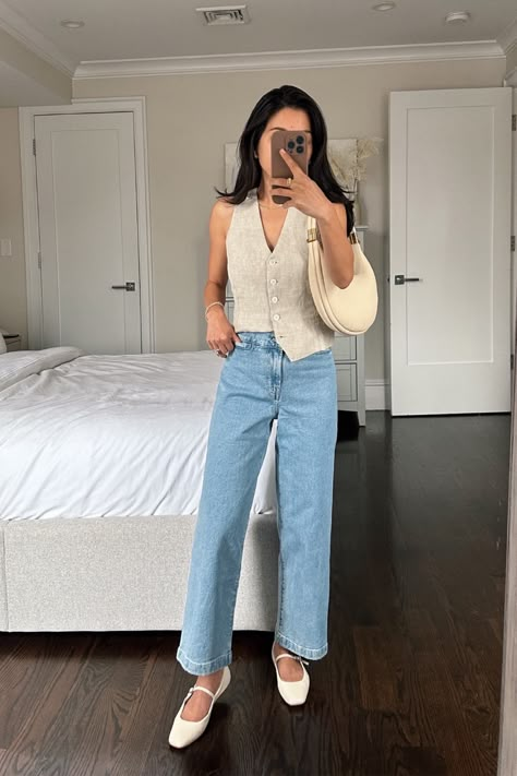 J. Crew vest, madewell jeans, dolce vita flats, songmont bag Mom Fit Jeans Outfits, Songmont Bag, Smart Summer Outfits, Everyday Mom Outfits, Petite Outfits Casual, Outfits With Mary Janes, Postpartum Wardrobe, Jane Outfits, Mommy Jeans