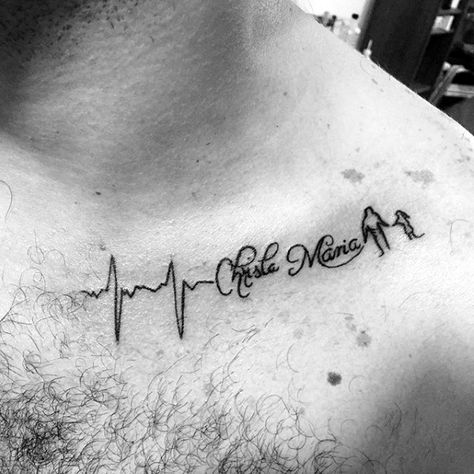 heartbeat kids name mens collar bone tattoo Tattoos For Women With Kids, Children Name Tattoo Ideas For Men, Kids Name Tattoos For Men, Kids Name Tattoos, Baby Tattoo For Dads, Ideas Tattoos For Women, Name Tattoos For Men, Tattoos For Childrens Names, Daughters Name Tattoo