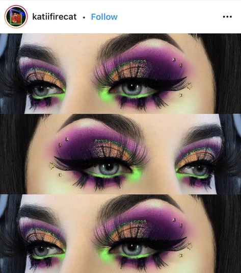 Three Color Eyeshadow Look, Witchy Glam Makeup, Maleficent Inspired Makeup, Malificent Eye Makeup, Purple And Green Eye Makeup, Bright Halloween Makeup, Witch Makeup Purple, Lord Of The Rings Makeup, Eyeshadow Looks Halloween