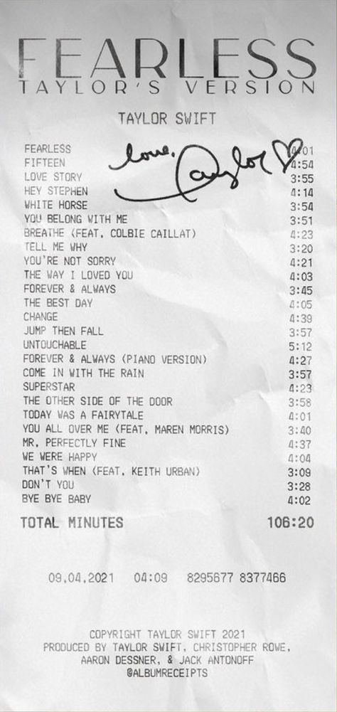 Taylor Swift Fearless Album, Album Receipts, Fearless Song, Album Receipt, Fearless Taylor Swift, Fearless Album, Taylor Swift Tickets, Taylor Swift Playlist, Colbie Caillat