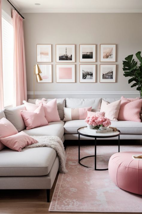 Grey And Blush Pink Living Room Interior Design, Pink Grey Living Room Decor, Light Pink Interior Design, Pink Beige Living Room, Pink Grey Living Room, Pink And White Living Room, Pink Accents Living Room, Grey And Pink Living Room, Pink Couch Living Room