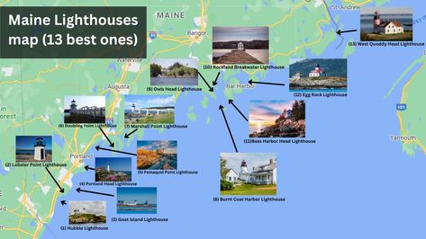 13 Best Lighthouses Along The Maine Coast to Visit Maine Lighthouses Map, Massachusetts Trip, Maine Roadtrip, Southern Maine Coast, East Coast Vacation, Moving To Maine, Maine Road Trip, Maine Trip, England Coast