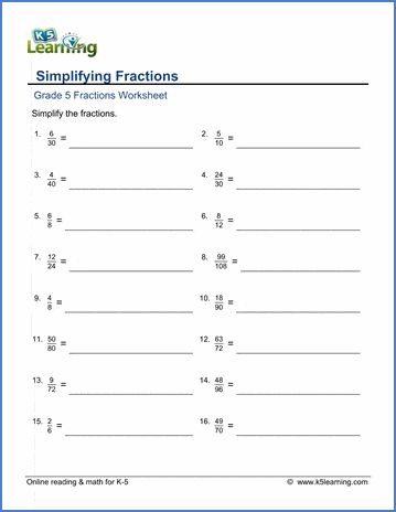 Grade 5 math worksheets on simplifying fractions. Free pdf worksheets from K5 Learning's online reading and math program. Fractions Worksheets Grade 5, Simplest Form Fractions, Grade 5 Math, Grade 5 Math Worksheets, Proper Fractions, Mixed Fractions, Converting Fractions, Fraction Word Problems, Simplifying Fractions