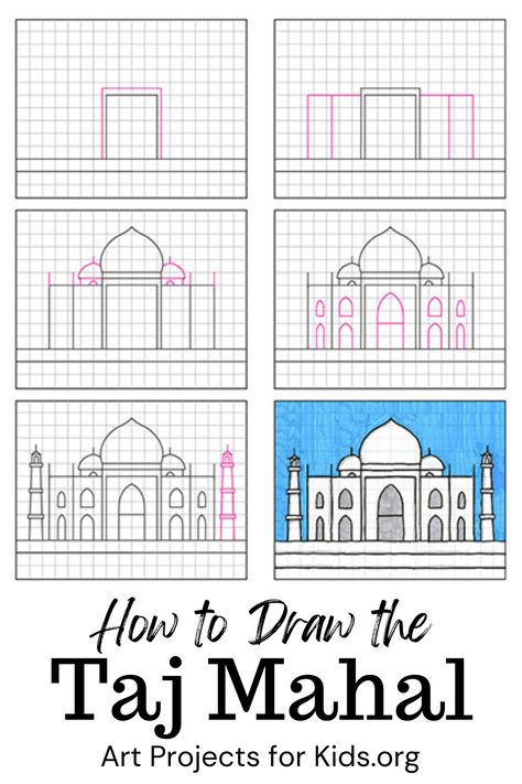 Taj Mahal Drawing Easy, Taj Mahal Drawing, Taj Mahal Art, Simple Butterfly Tattoo, Banner Drawing, Arsitektur Masjid, Simple Character, Kids Pages, Drawing Activities