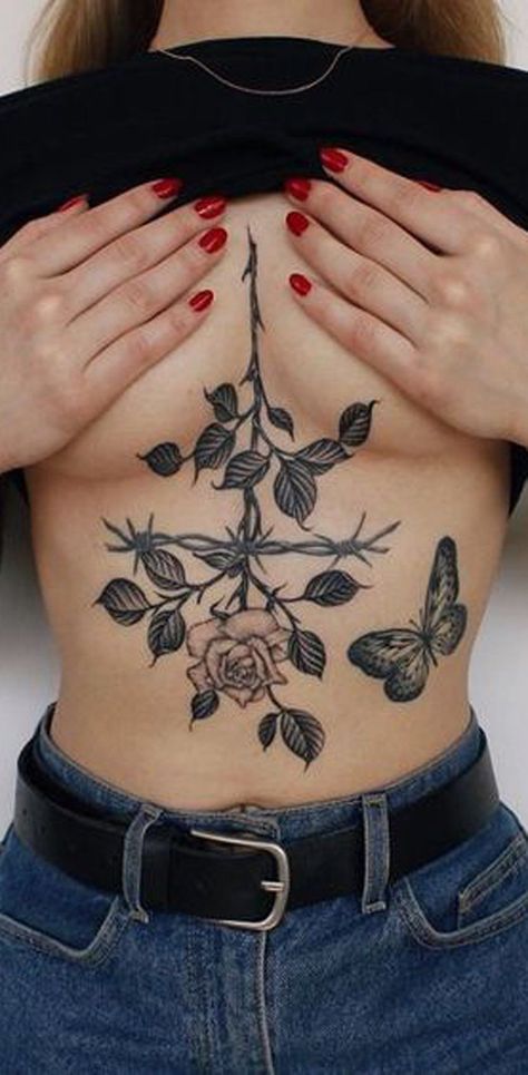 Rose Sternum Tattoo, Sternum Tattoo Ideas, Tattoos For Women On Thigh, Sternum Tattoos, Sternum Tattoo Design, Underboob Tattoo Designs, Rose Tattoos For Women, Pieces Tattoo, Chest Tattoos For Women