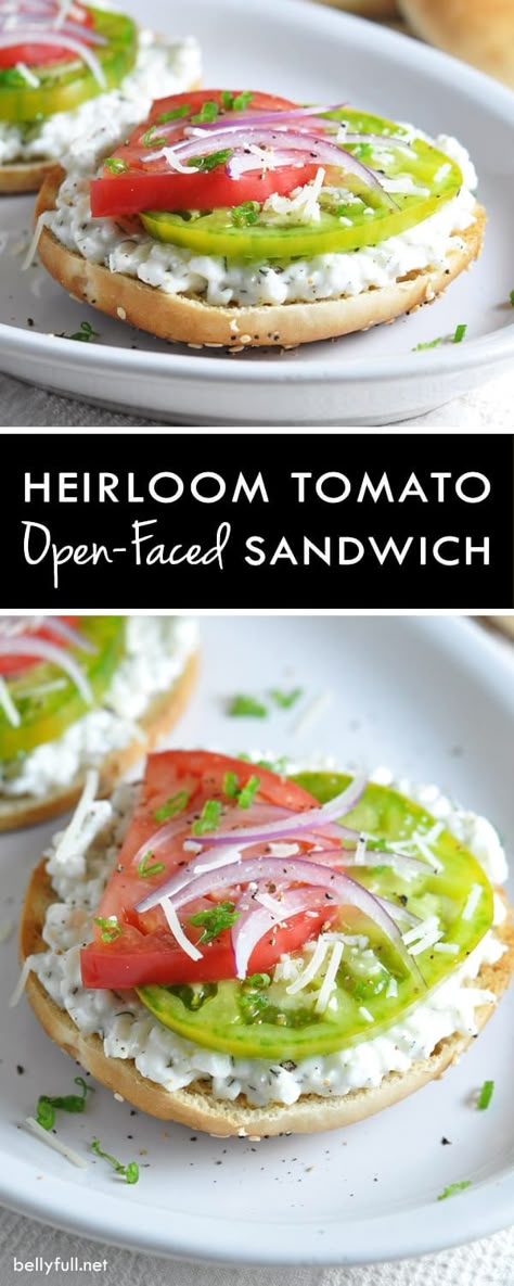 Light Breakfast Ideas, Toasted Bagel, Mid Morning Snack, Light Breakfast, Cottage Cheese Recipes, Tomato Sandwich, Morning Snack, Heirloom Tomato, Heirloom Tomatoes