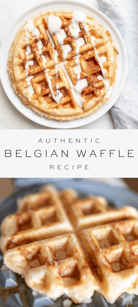 This Authentic Belgian Waffle Recipe (made with a secret ingredient) is fluffy, crispy and irresistible! Learn the tricks behind making this homemade waffle dough with yeast. A dollop of sweetened creme fraîche and fresh fruit is all you need to reach Belgian waffle bliss. Enjoy for breakfast, dessert, or a fabulous brunch with family and friends! How To Make Belgian Waffles, Belgium Waffles Recipe, Miami Breakfast, Fruit Waffles, Belgium Waffle Recipe, Easy Belgian Waffle Recipe, Best Belgian Waffle Recipe, Breaky Ideas, Belgian Waffle Recipe