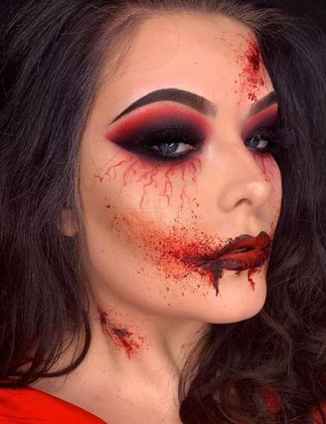 Whisperer Vampire Makeup Ideas Vampy Halloween Makeup, Gore Vampire Makeup, Womens Face Painting Halloween, Vampire Queen Makeup Halloween, Red And Black Vampire Makeup, Vampire Eyeshadow Looks, Vampire Makeup With Blood, Women’s Vampire Makeup, Scary Smile Makeup