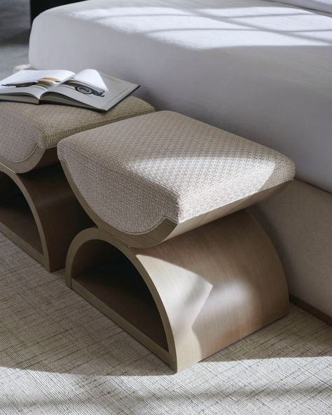 SR Interiors on Instagram: "Inspired by a neoclassical design, this double, u-shaped ottoman lends a modern take on the Curule bench, dating back to royal courts of ancient Rome. Versatile and visually alluring, it functions as a seat or ottoman, and when styled in pairs at the end of the bed, makes a luxe landing for getting dressed. . . . . . . . . #interiordesignideas #livingroomdesign #interiordesigninspo #luxuryliving #interiordesigner #home #livingroom #furnituredesign #homerenovation #int Nyc Interior Design, Neoclassical Design, Neoclassical Interior, Open Enrollment, Ottoman Design, Diy Concrete, Geometric Fabric, Getting Dressed, Upholstered Seating