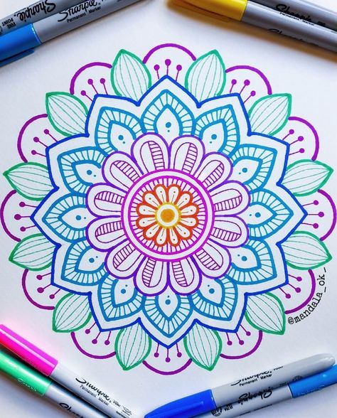 Instagram: @Mandala_ok_ Mandala Art Easy Colourful, Easy Simple Mandala Drawing, Colored Mandala Art, Mandala Art Colorful Patterns Easy, Mandala Art Simple Colourful, Beginner Mandala Drawing, Colorful Mandala Drawing Easy, Mandala Art Design Colour, Mandala Art Colorful Patterns