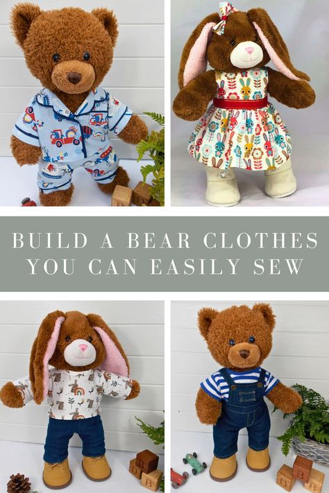 Photo grid containing photos of teddy bears in various outfits. Text on pin reads 'Build a bear clothes you can easily sew' Diy Build A Bear Clothes, Build A Bear Clothes Pattern, Teddy Bear Pants, Build A Bear Clothes, Hoodie Sewing Pattern, Build A Bear Outfits, Unique Wardrobe, Bear Clothes, Bear Patterns