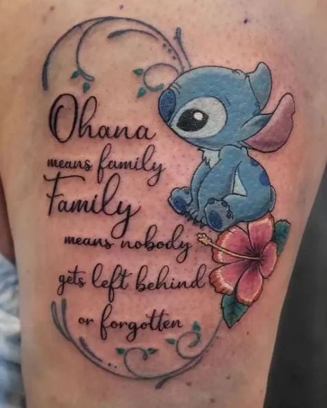 65+ Ohana Tattoo Ideas For A Warm, Welcoming Feeling Cute Tattoos To Get With Your Sister, Tattoo Ideas Stitch Disney Characters, Stitch Ohana Means Family Tattoo, Stitch Ohana Tattoo Ideas, Stitch Tatoos Ideas, Stitch Tattoo Ideas Ohana, Arm Tattoos For Women With Color, Stitch Tattoos For Women, Tattoos Ideas Flower