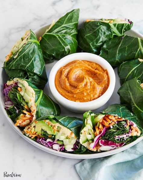 Rainbow Collard Wraps with Peanut Butter Dipping Sauce Rainbow Wraps, Peanut Butter Dipping Sauce, No Heat Lunch, Collard Wraps, Protein Sandwich, Macro Diet, Healthy Sandwich, Cold Lunch, Pecan Desserts