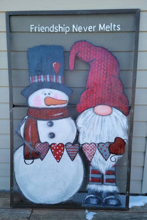 Gnome Snowman, Gnome Painting, Snowman Gnome, Window Paintings, Gnome Paint, Winter Friends, Painted Snowman, Gnomes Christmas, Painted Items