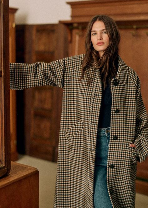 Manteau Clyde - Carreaux Vert Marron - Laine - Sézane Checked Coat Outfit, Plaid Winter Coat, Personal Style Inspiration, Plaid Coat, Green Coat, Brown Coat, Coat Outfits, Tomboy Fashion, Knitwear Tops