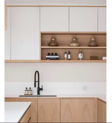 Black Tap Kitchen, Scandi Style Kitchen, Wood And Black Kitchen, Scandi Kitchen Design, Kitchen Design Scandinavian, Small Scandinavian Kitchen, Corian Worktop, Black Kitchen Tap, Minimalist Kitchen Ideas