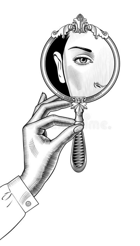 Female hand holding a round decorative mirror with a reflection royalty free illustration Confidence Illustration, Mystical Drawings, Holding Mirror, Round Decorative Mirror, Reflection Tattoo, Reflection Drawing, Stylized Drawing, Mirror Tattoos, Mirror Illustration