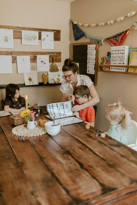 Cork Board Homeschool, Dining Room And Homeschool Room, Homeschool Room Setup Ideas, Homeschool Display Wall, Homeschool In Kitchen Ideas, Homeschool Wall Calendar, She Shed Homeschool Room, Homeschool Space Ideas Dining Room, Preschool Homeschool Area