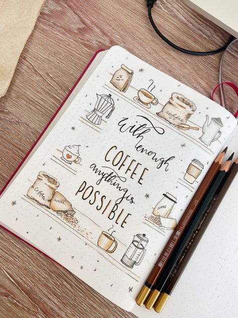 Coffee Themed Bujo, Coffee Bujo Theme, Bujo Coffee Theme, Coffee Theme Journal, Bullet Journal Coffee Theme, Coffee Bujo, Coffee Bullet Journal, Calendario Aesthetic, Autumn Bujo