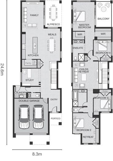 Remember the dream of the big family home? While we see lots getting smaller and narrower in the inner city, there's still something magic... Big Family Home, Duplex Floor Plans, Narrow House Designs, Narrow House Plans, Narrow Lot House, Australia House, Narrow Lot House Plans, Two Story House Plans, Courtyard House Plans