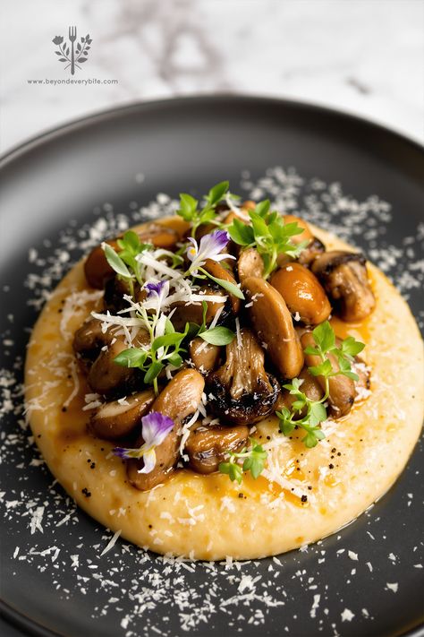 Creamy Parmesan polenta paired with savory sautéed wild mushrooms, garnished with truffle oil, microgreens, and edible flowers. Perfect for fine dining presentations. Creamy Polenta, Wild Mushrooms, Grits, Yummy Sides, Polenta, Vegetarian Dishes, I Love Food, Vegetable Recipes, Love Food