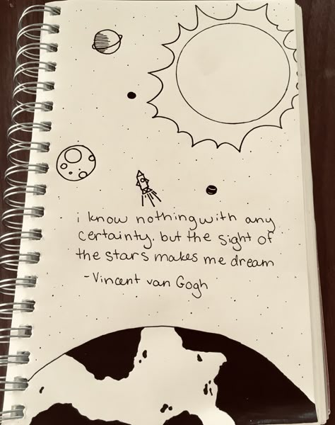 Space Journal Aesthetic, Space Journal Ideas, Van Gogh Doodle, Space Aesthetic Drawing, Space Journal, Outer Space Art, Doodle Quotes, Space Drawings, Bullet Journal Paper