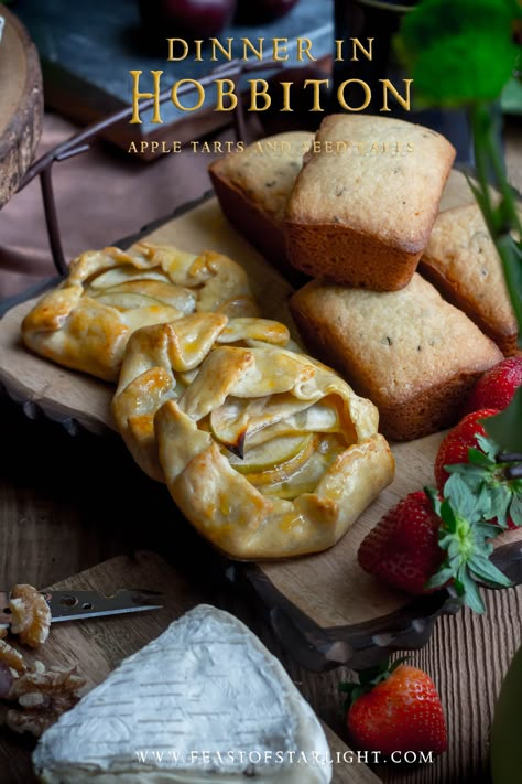 Recipe for apple tarts and seed cakes inspired by the Hobbiton evening dinner in New Zealand.  This feast held in celebration for Hobbit Day. Hobbit Food Recipes, Feast Of Starlight, Seed Cake Recipe, Hobbit Day, Fairytale Food, Hobbit Food, Cottagecore Recipes, Apple Tarts, Movie Food