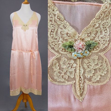 Vintage 1920s Nightgown, 20s Gown, Lace Trim Pink Silk Negligee Slip Dress with Ribbon Flowers, Large 20s Gown, 1920s Nightgown, Silk Negligee, Lounge Wear Ideas, Pink And Blue Ribbon, Embroidery Pearls, Nights In White Satin, Fashion 1920s, Dress With Ribbon