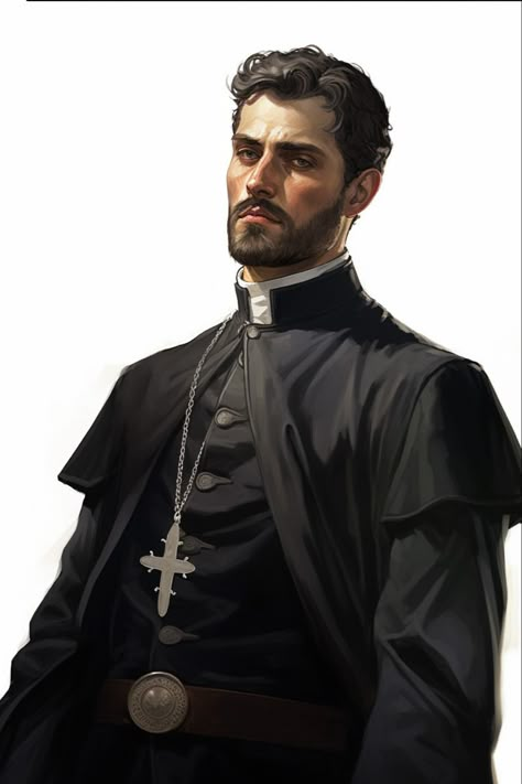 Priest Character Design Male, Cleric Character Design Male, Southern Gentleman Character Art, Antagonist Character Design, Dnd Priest, Wild West Priest, Western Priest Character Art, Priest Character Art, Male Vampire Art