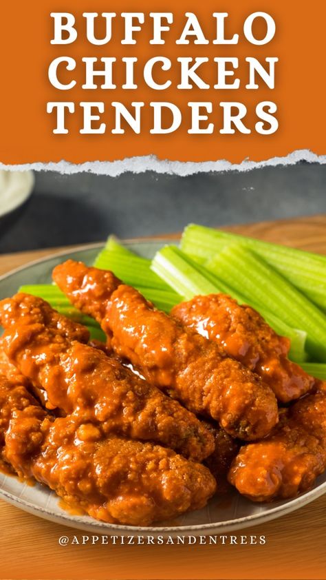 Buffalo Chicken Tenders - Appetizers & Entrees Crispy Buffalo Chicken Tenders, Chicken Tenders Oven, Buffalo Chicken Fries, Buffalo Chicken Tenders, Easy Buffalo Chicken, Fried Chicken Tenders, Crispy French Fries, Chicken Tenderloins, Beef Enchiladas