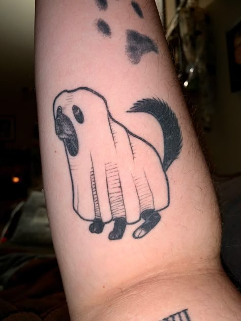 My dog Ellie tattooed on my arm. She has a white sheet over her so she looks like a classic ghost. Dog Ghost Tattoo Ideas, Halloween Dog Tattoo, Ghost With Legs Tattoo, Ghost Puppy Tattoo, Ghost With Dog Tattoo, Dog Skeleton Tattoo, Spooky Dog Tattoo, Skeleton Dog Tattoo, Sheet Ghost Cat Tattoo