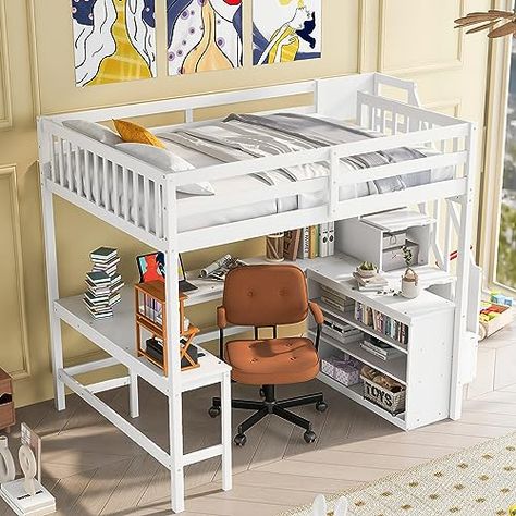 Built In L Shaped Desk, Cool Toddler Beds, Loft Beds For Teens, Cool Beds For Kids, Storage Staircase, Full Loft Bed, Full Size Loft Bed, Gaming Center, Daybed With Drawers