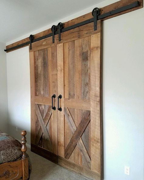 Double Bar Door, Barnwood Closet Doors, Western Closet Doors, Barnyard Door Ideas, Closet Barn Doors Sliding Double, Rustic Barn Doors In The House, Rustic Closet Doors, Walk In Closet Door, Bedroom Cupboard Doors