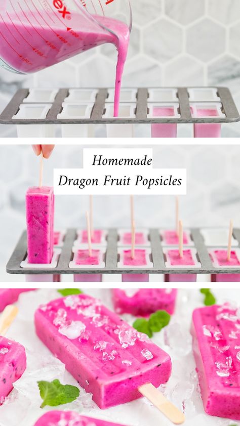 Step by step process of making dragon fruit popsicles Dragon Fruit Popsicle Recipes, Angel Desserts, Dragon Fruit Jelly, Frozen Fruit Popsicles, Fruit Jelly Recipe, Restaurant Vibes, Dragonfruit Recipes, Fruit Ice Pops, Nostalgic Food