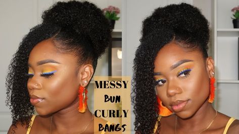 Hairstyle For Natural Hair : Messy Curly High Bun And Side Bang - https://blackhairinformation.com/video-gallery/hairstyle-for-natural-hair-messy-curly-high-bun-and-side-bang/ Braid Up Do For Black Women, Curly High Bun, Hairstyle For Natural Hair, High Bun Wedding Hairstyles, Bun With Bangs, Black Women Short Hairstyles, High Bun Hairstyles, Hair Messy, Curly Bun