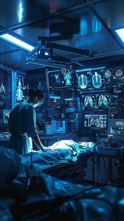 Under the cool glow of blue light, a medical professional attentively monitors the complex array of screens displaying a patient's vital signs. This state-of-the-art medical room is outfitted with advanced diagnostic equipment, suggesting a high-level medical procedure is underway. Amidst the hum of machines and flickering monitors, the focus remains on the patient, lying still on the operating table, entrusting their wellbeing to technology and human expertise. Human Machine Art, Medical Technician Aesthetic, Fantasy Medical Room, Futuristic Medical Technology, Cyberpunk Hospital, Cyberpunk Medtech, Lab Experiment Aesthetic, Cyberpunk Medic, Robot City