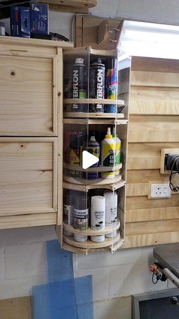 Diy Small Cabinet Storage, Small Garage Woodshop, Paint Can Organization Garage, Small Workshop Storage, Diy Work Van Storage Ideas, Shop Vac Storage Ideas, Diy Garage Storage Ideas Organizing, Workshop Storage Ideas Organisation, Paint Can Storage Ideas