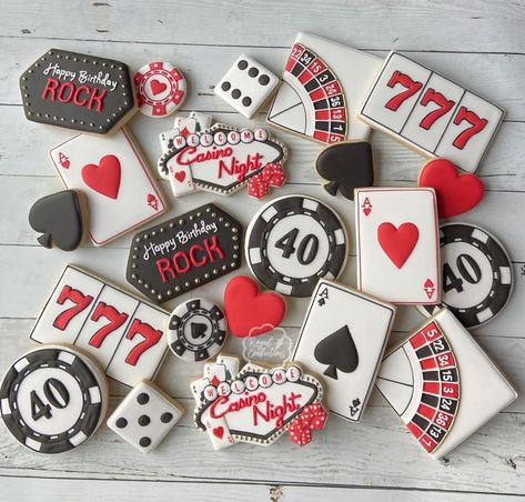 Poker Themed Cookies, Vegas Themed Cookies, Poker Cookies Decorated, Poker Chip Cookies, Las Vegas Cookies, Casino Themed Cookies, Lucky In Love Cookies, Casino Theme Desserts, Casino Theme Engagement Party