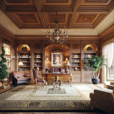 Classic Office Design, Classic Office Interior, Luxury Mansions Interior, Luxury Mansion, Home Library Design, Classic Office, Luxury Office, Mansion Interior, Mansions Luxury