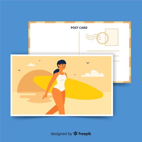 Flat summer holiday postcard | Premium Vector #Freepik #vector #card #design #summer #template Summer Template, Cards Illustration, Woman Character, Holiday Postcard, Summer Flats, Postcard Design, Holiday Postcards, Graphic Editing, Post Card