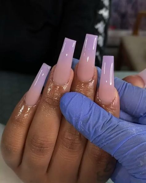 Medium Coffin Pink Nails, Bday Nails Ideas Square, Tapered Coffin Acrylic Nails, Lavender Acrylic Nails Coffin Long, Lavender Square Acrylic Nails, Long Lavender Nails, Purple Nails With Initial, Lavender Ombre Nails, Ballerina Nails Long