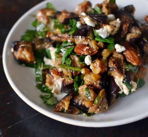 Recipe: Roasted Eggplant Salad with Smoked Almonds & Goat Cheese | Kitchn Eggplant Goat Cheese, Roasted Eggplant Salad, Smoked Almonds, Baked Goat Cheese, Eggplant Salad, Delicious Clean Eating, Roasted Eggplant, Roast Eggplant, Fine Dining Recipes