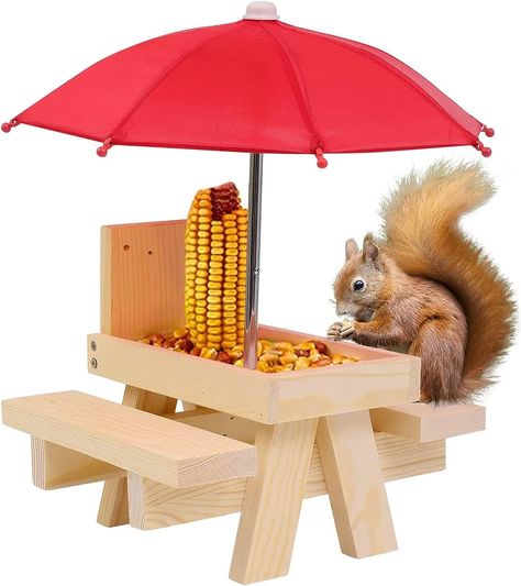 Squirrel Feeder Table, Wooden Squirrel Picnic Table Feeders for Outdoors, Funny Squirrel Feeder Corn Cob with Soild Structure (with Umbrella). Perfect for gardens and for kids during summer. Squirrel Picnic Table Feeder, Squirrel Table, Squirrel Picnic Table, Picnic Table With Umbrella, Squirrel Feeders, Pet Feeding Station, Wooden Picnic Tables, Squirrel Feeder, Squirrel Gift